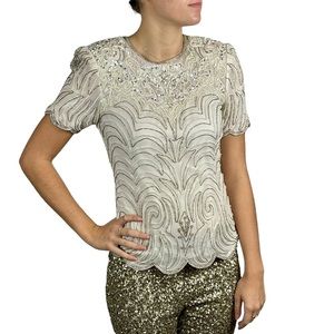 ADRIANNA PAPELL BOUTIQUE EVENING BEAD EMBELLISHED SILK SHORT SLEEVE EVENING TOP